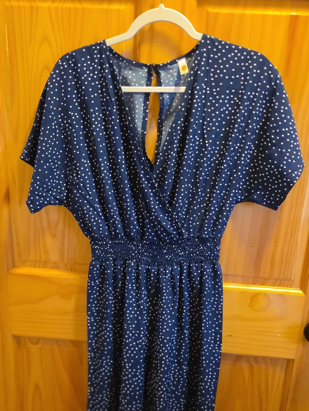 Navy Polka Dot Wrap-Front Smocked Waist Pant Suit/romper - Women